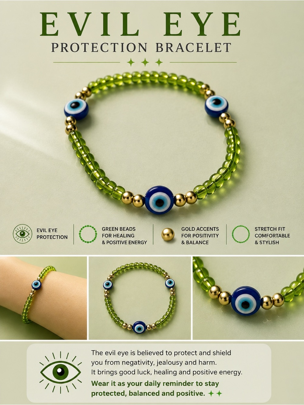 Evil Eye Protection Bracelet - Green Beaded Bracelet with Blue Eye Accent #65